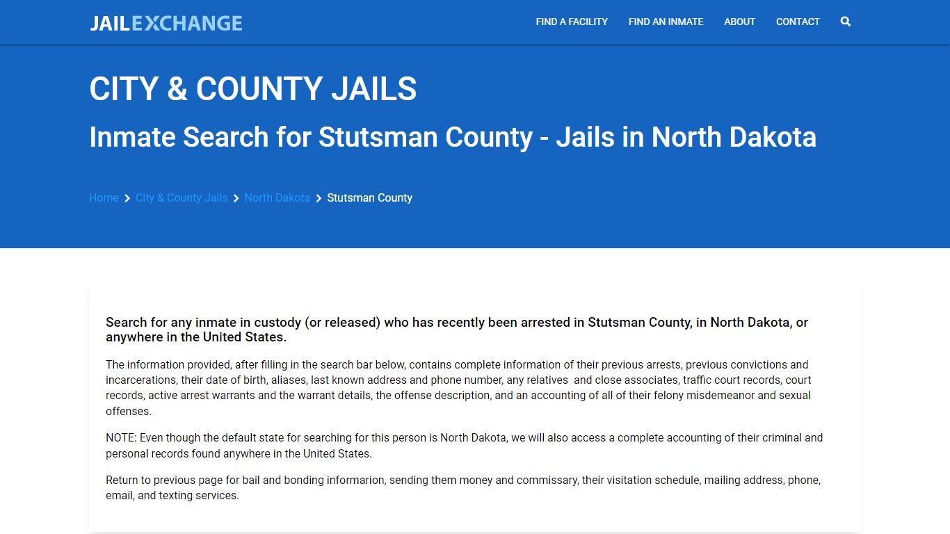 Locate an inmate in Stutsman County, North Dakota - Jail Exchange